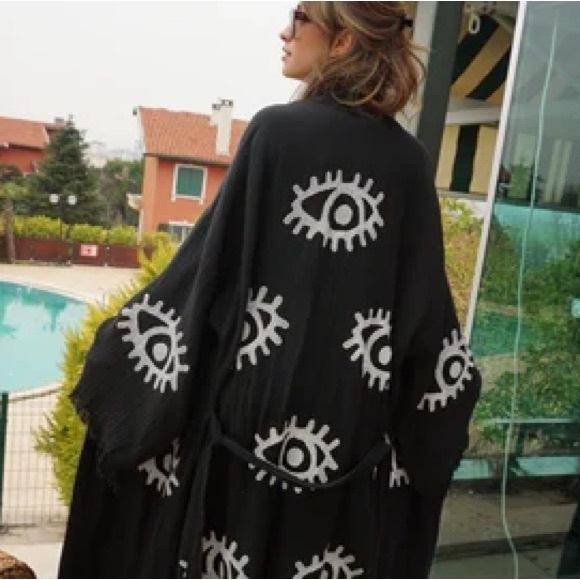 Ragged Hem Other - Cotton Muslin Black Evil Eye Kimono Cardigan Robe, Evil Eye Kimono, Ethnic Boho